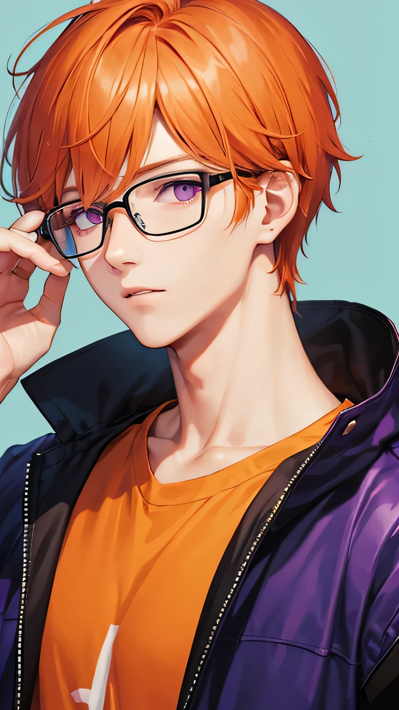 Anime boy with glasses and orange hair wearing a purple jacket - SeaArt AI