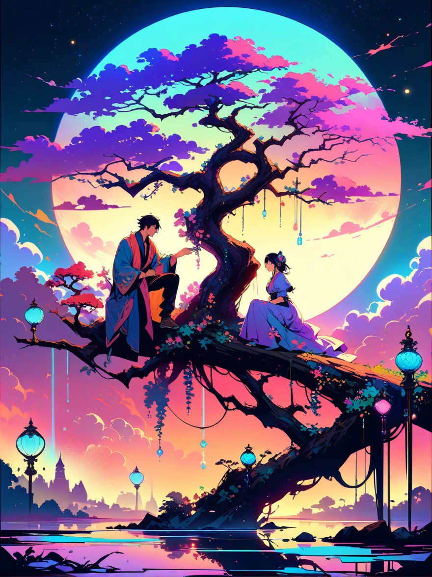 yinji，Romantic ancient style，night，Backlight，A man and a woman sitting on a tree branch，There is a full moon behind，Fresh colors，Soft colors，Diode lamp，Concept art style，Extremely complex details，Clear distinction between light and dark，Structured，Ultra HD, 1yj1