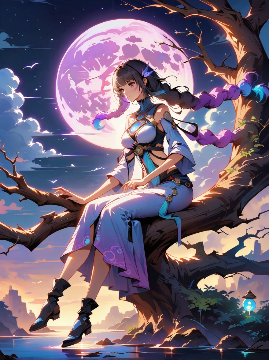 yinji，Romantic ancient style，night，Backlight，A man and a woman sitting on a tree branch，There is a full moon behind，Fresh colors，Soft colors，Diode lamp，Concept art style，Extremely complex details，Clear distinction between light and dark，Structured，Ultra HD, 1yj1