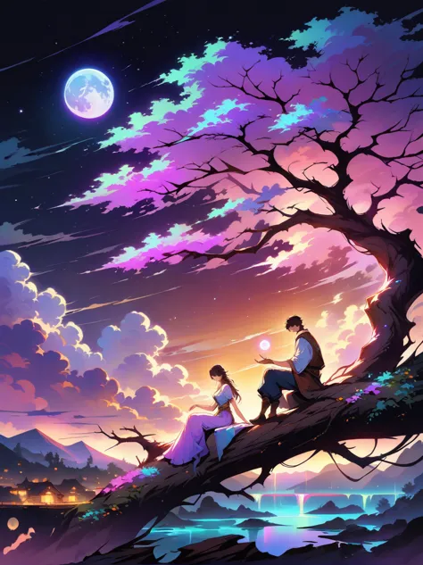Romantic ancient style，night，Backlight，A man and a woman sitting on a tree branch，There is a full moon behind，Fresh colors，Soft ...