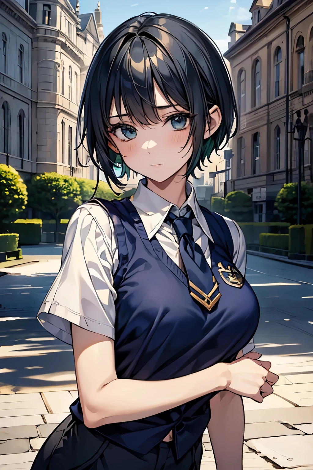 masterpiece、highest quality、Very detailed、An illustration、Beautiful fine details、One Girl、cute、Detailed landscape、Schoolyard background、(Green Hair, Very short hair:1.4, Monocle)、((Glamorous figure、Large Breasts, A loosely worn short-sleeved collared shirt:1.3, A navy blue vest with the school emblem on the chest, Navy blue slacks))