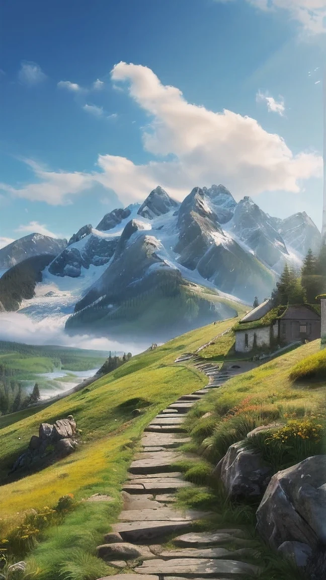 There is a picture of a road going up a hill., time to climb the mountain path, Fantasy Art Landscape, Mountain landscape, traveling through the mountains, Inspired by Jessica Rossier, 8K resolution digital painting, 8K resolution digital painting, Fantasy Landscape Painting, Optimistic matte painting, Inspired by Christophe Vaché, Illustration Matte Painting, 4K HD Matte Digital Painting