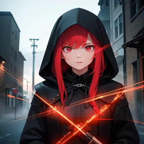 Best quality, realistic, a girl with red hair and detailed eyes and face, lightning bolts around, red glowing eyes, wearing a bl...