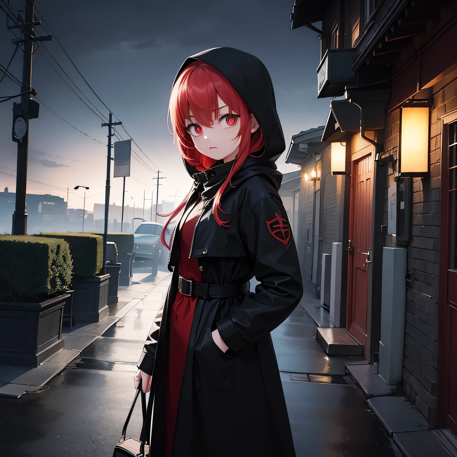 Best quality, realistic, a girl with red hair and detailed eyes and face, lightning bolts around, red glowing eyes, wearing a black dress, with a black overcoat, and a person with a black hood over their head. The scene depicts a huntress inspired by the style of Van Helsing. The background is a dark, mysterious setting with dimly lit streets and fog. The colors are rich and vibrant, with a dark and moody color palette. The lighting is dramatic, casting long shadows and highlighting the girl's determined expression. The overall image should have a cinematic and thrilling atmosphere, capturing the essence of a fierce and skilled huntress in action.