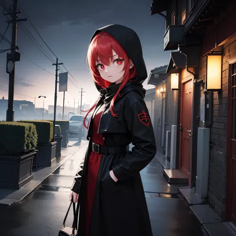 Best quality, realistic, a girl with red hair and detailed eyes and face, lightning bolts around, red glowing eyes, wearing a bl...