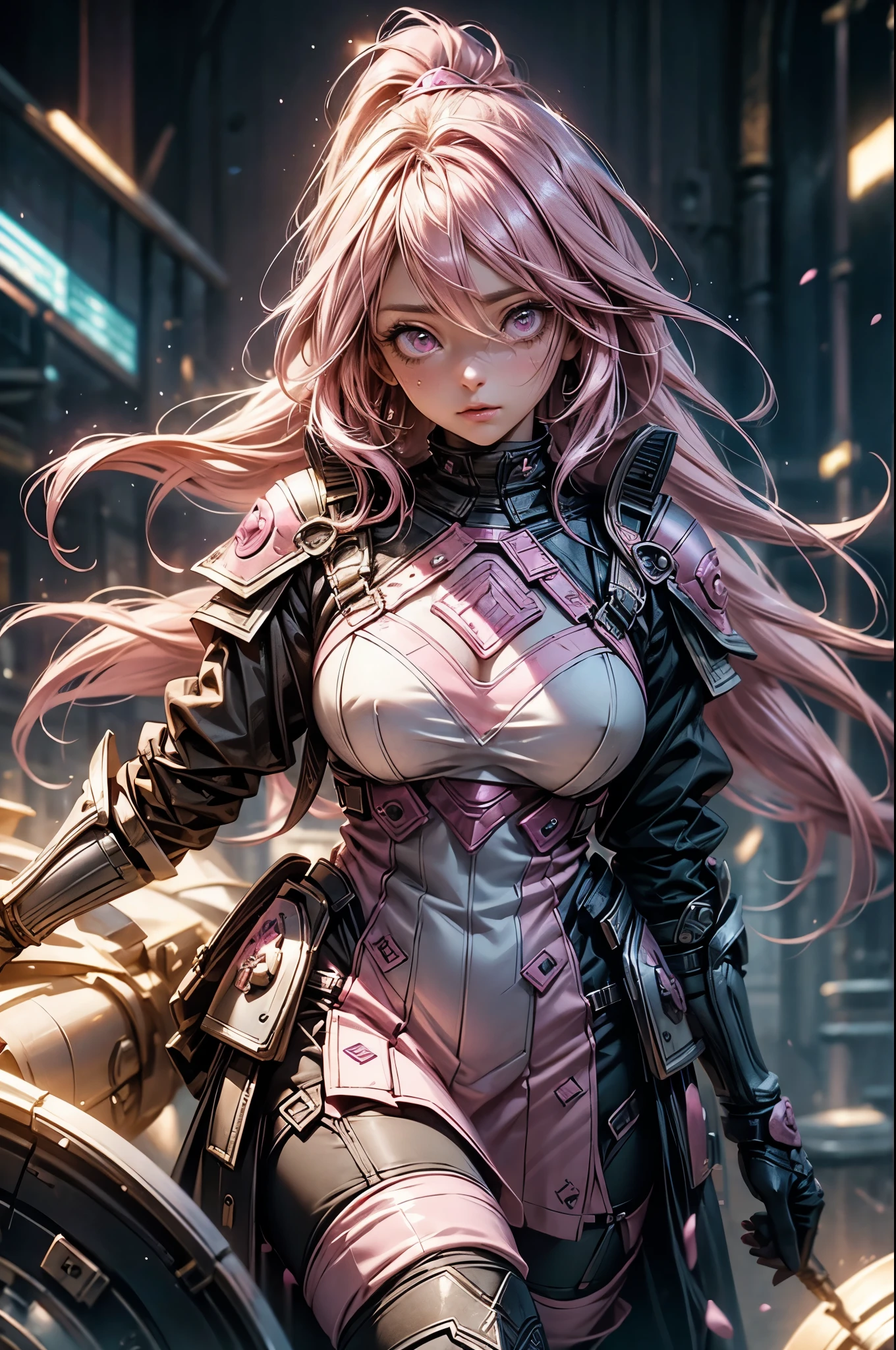 Holding a bow、Pink-haired Scandinavian girl wearing half-plate armor and a frilly skirt over a skin-tight bodysuit, (Pink Long Hair:1.4), Pink Eyes,Attractive breasts、High resolution (High Dynamic Range), Ray Tracing, NVIDIA, Super Resolution, Scattered under the surface, Anisotropic Filtering, Written boundary depth ,Maximum clarity and sharpness, Surface Shading, Two-tone lighting