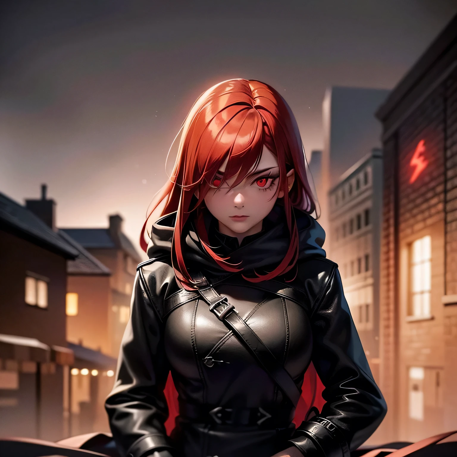 Best quality, realistic, a girl with red hair and detailed eyes and face, lightning bolts around, red glowing eyes, wearing a black dress, with a black overcoat, and a person with a black hood over their head. The scene depicts a huntress inspired by the style of Van Helsing. The background is a dark, mysterious setting with dimly lit streets and fog. The colors are rich and vibrant, with a dark and moody color palette. The lighting is dramatic, casting long shadows and highlighting the girl's determined expression. The overall image should have a cinematic and thrilling atmosphere, capturing the essence of a fierce and skilled huntress in action.