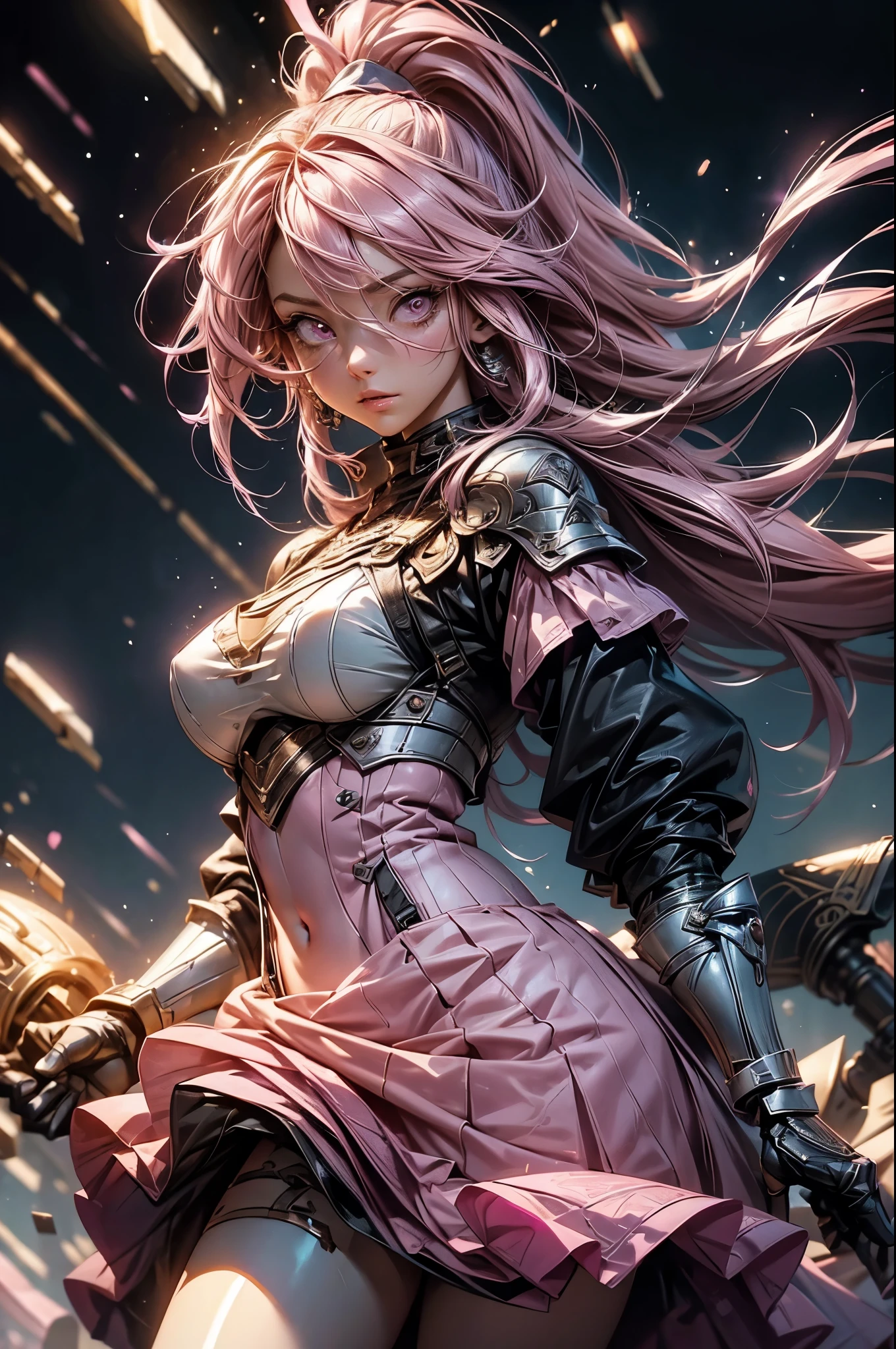 Holding a bow、Pink-haired Scandinavian girl wearing half-plate armor and a frilly skirt over a skin-tight bodysuit, (Pink Long Hair:1.4), Pink Eyes,Attractive breasts、High resolution (High Dynamic Range), Ray Tracing, NVIDIA, Super Resolution, Scattered under the surface, Anisotropic Filtering, Written boundary depth ,Maximum clarity and sharpness, Surface Shading, Two-tone lighting