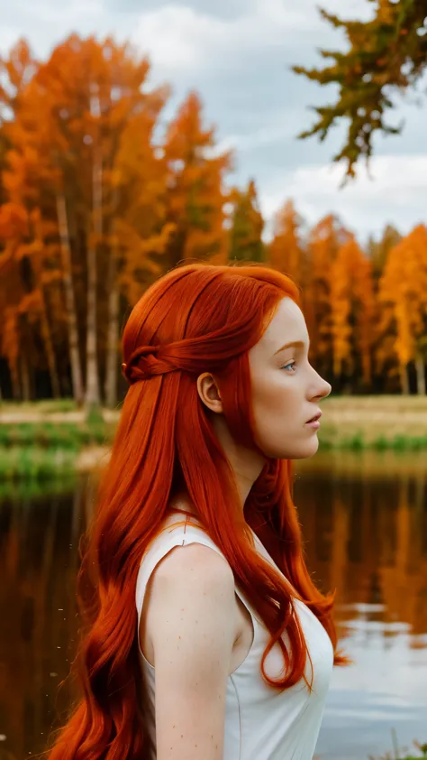 redhead haired woman with long red hair standing in front of a lake, red haired goddess, beautiful redhead woman, redhead woman,...