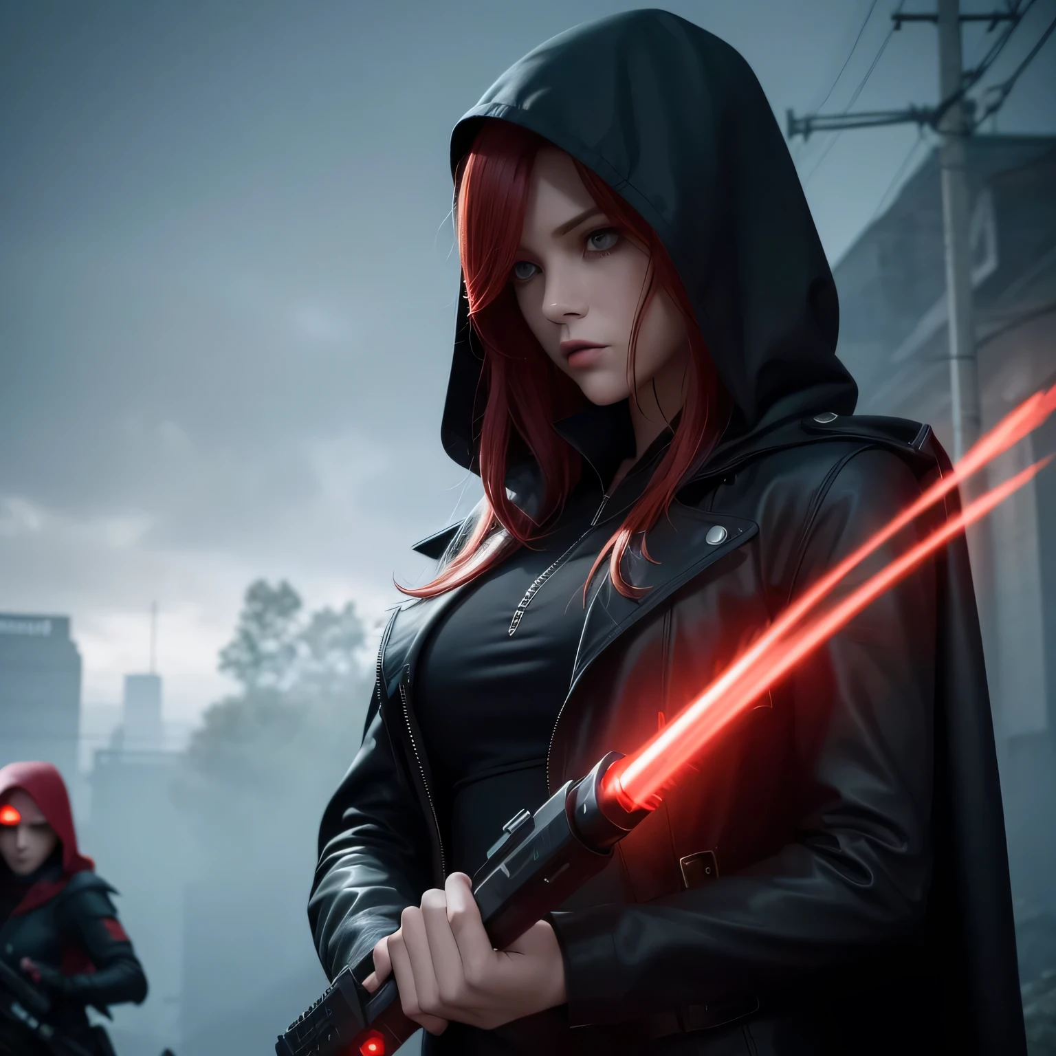 Best quality, realistic, a girl with red hair and detailed eyes and face, lightning bolts around, red glowing eyes, wearing a black dress, with a black overcoat, and a person with a black hood over their head. The scene depicts a huntress inspired by the style of Van Helsing. The background is a dark, mysterious setting with dimly lit streets and fog. The colors are rich and vibrant, with a dark and moody color palette. The lighting is dramatic, casting long shadows and highlighting the girl's determined expression. The overall image should have a cinematic and thrilling atmosphere, capturing the essence of a fierce and skilled huntress in action.