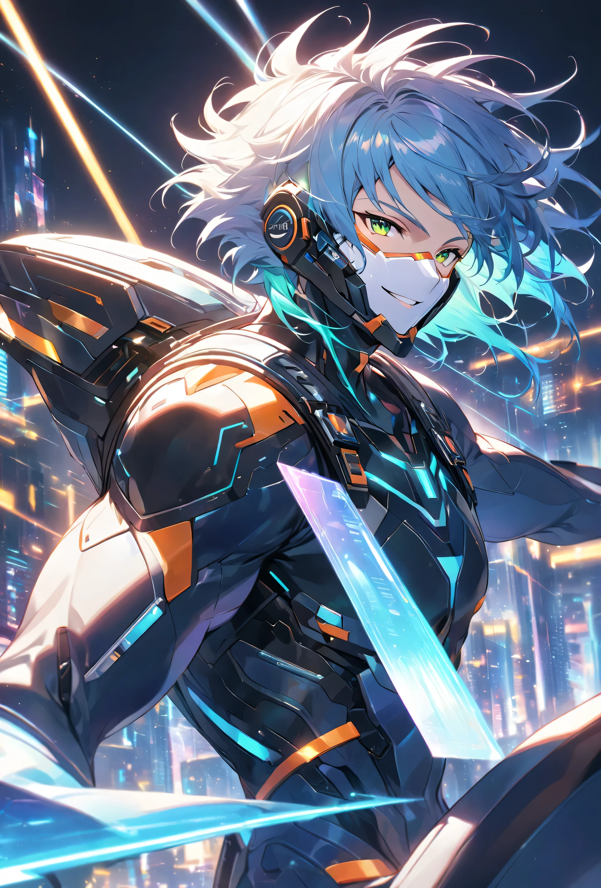 A friendly and charismatic male character in a futuristic black and blue cyber suit with glowing LED lines, short spiky blue hair, and sharp green eyes. He is tall, muscular, and has an energy backpack on his back. The character is smiling warmly and in a relaxed posture, exuding a welcoming and approachable aura. The background is a digital cityscape with floating holographic elements and light effects, representing a cybernetic world.,Face masks,Pale-white glowing forehead protector,