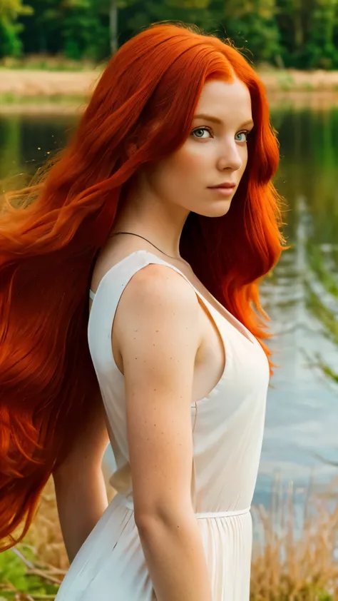 redhead haired woman with long red hair standing in front of a lake, red haired goddess, beautiful redhead woman, redhead woman,...