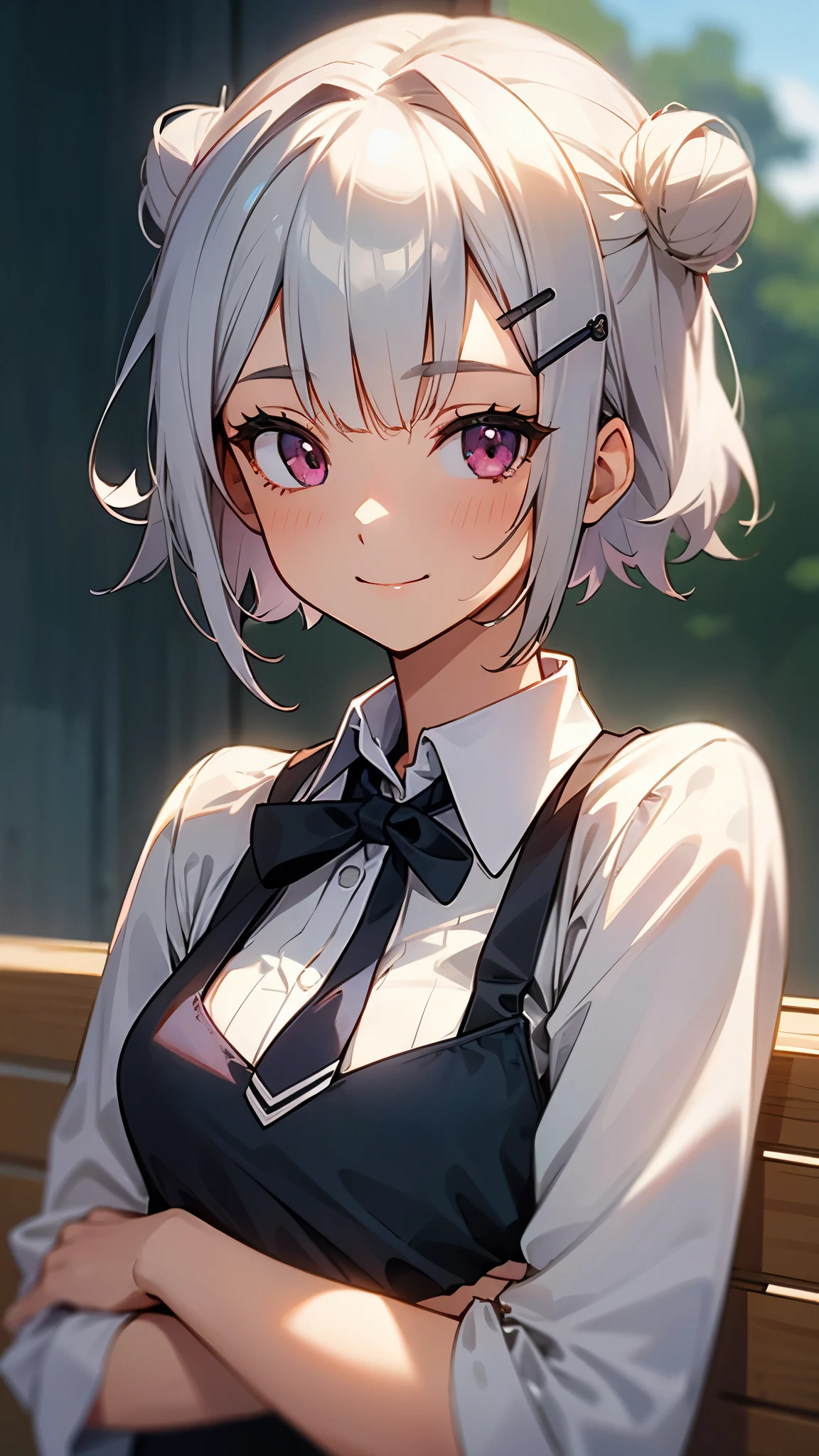 １girl、Short silver bob hair tied in a bun with a hair clip, Pink Eyes、smile、really like、Upper body close-up、Morning Cafe Terrace、Background blur, Written boundary depth