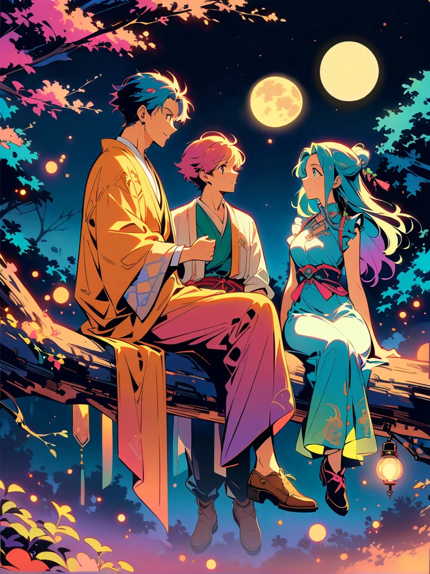 yinji，Romantic ancient style，night，Backlight，A man and a woman sitting on a tree branch，There is a full moon behind，Fresh colors，Soft colors，Diode lamp，Concept art style，Extremely complex details，Clear distinction between light and dark，Structured，Ultra HD, 1yj1