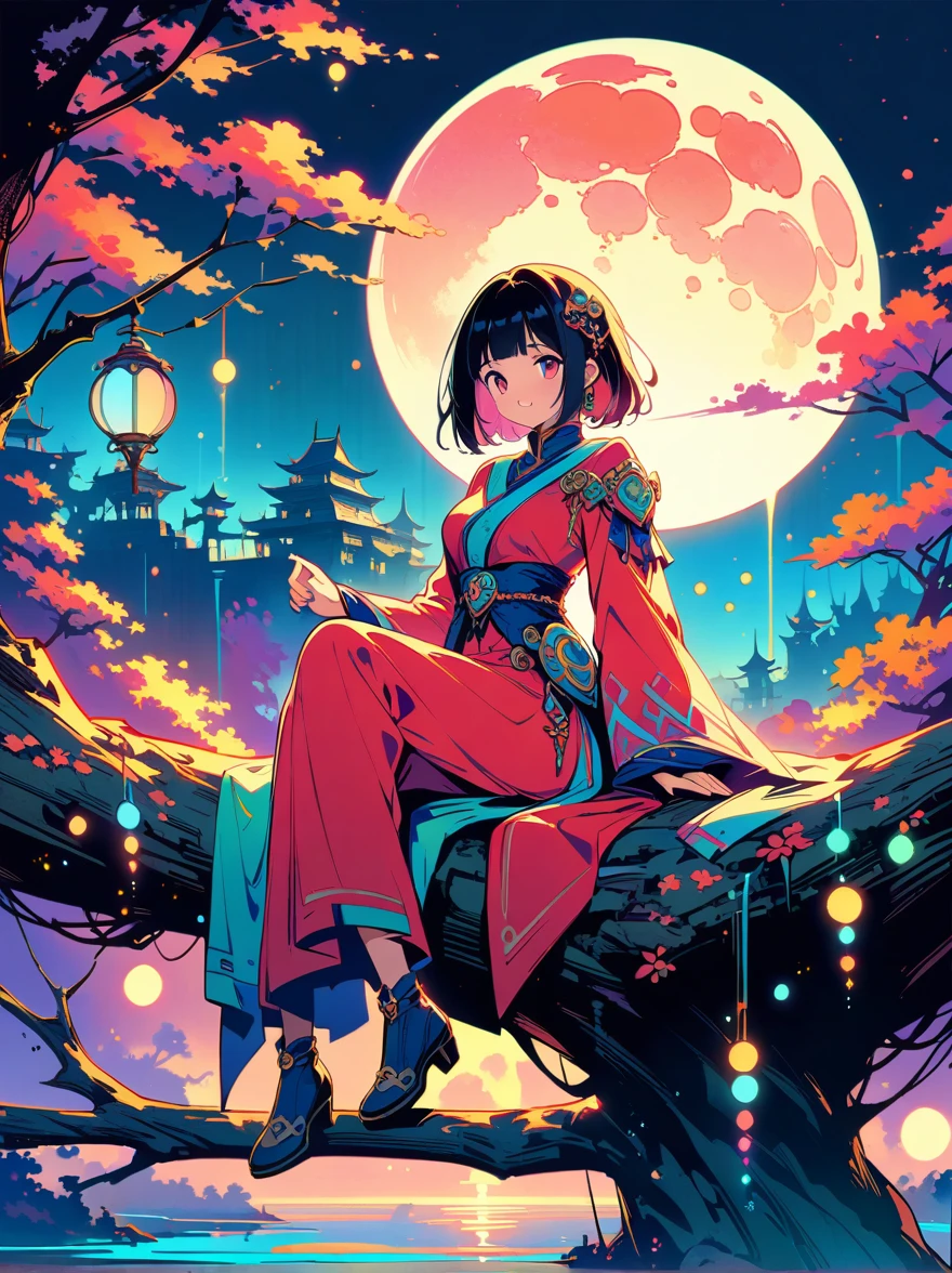 yinji，Romantic ancient style，night，Backlight，A man and a woman sitting on a tree branch，There is a full moon behind，Fresh colors，Soft colors，Diode lamp，Concept art style，Extremely complex details，Clear distinction between light and dark，Structured，Ultra HD, 1yj1