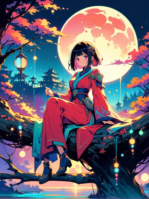 yinji，Romantic ancient style，night，Backlight，A man and a woman sitting on a tree branch，There is a full moon behind，Fresh colors...