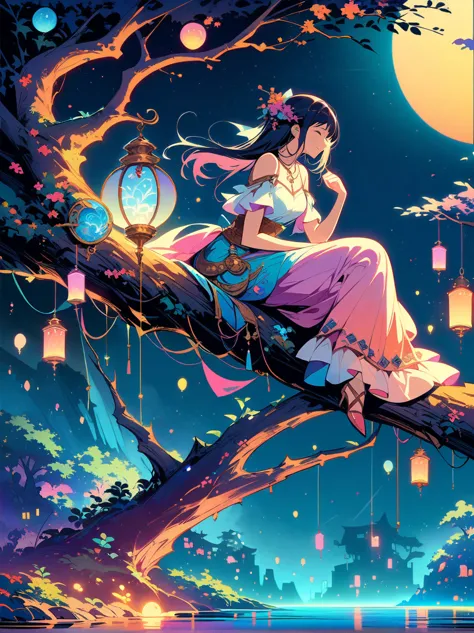 yinji，Romantic ancient style，night，Backlight，A man and a woman sitting on a tree branch，There is a full moon behind，Fresh colors...