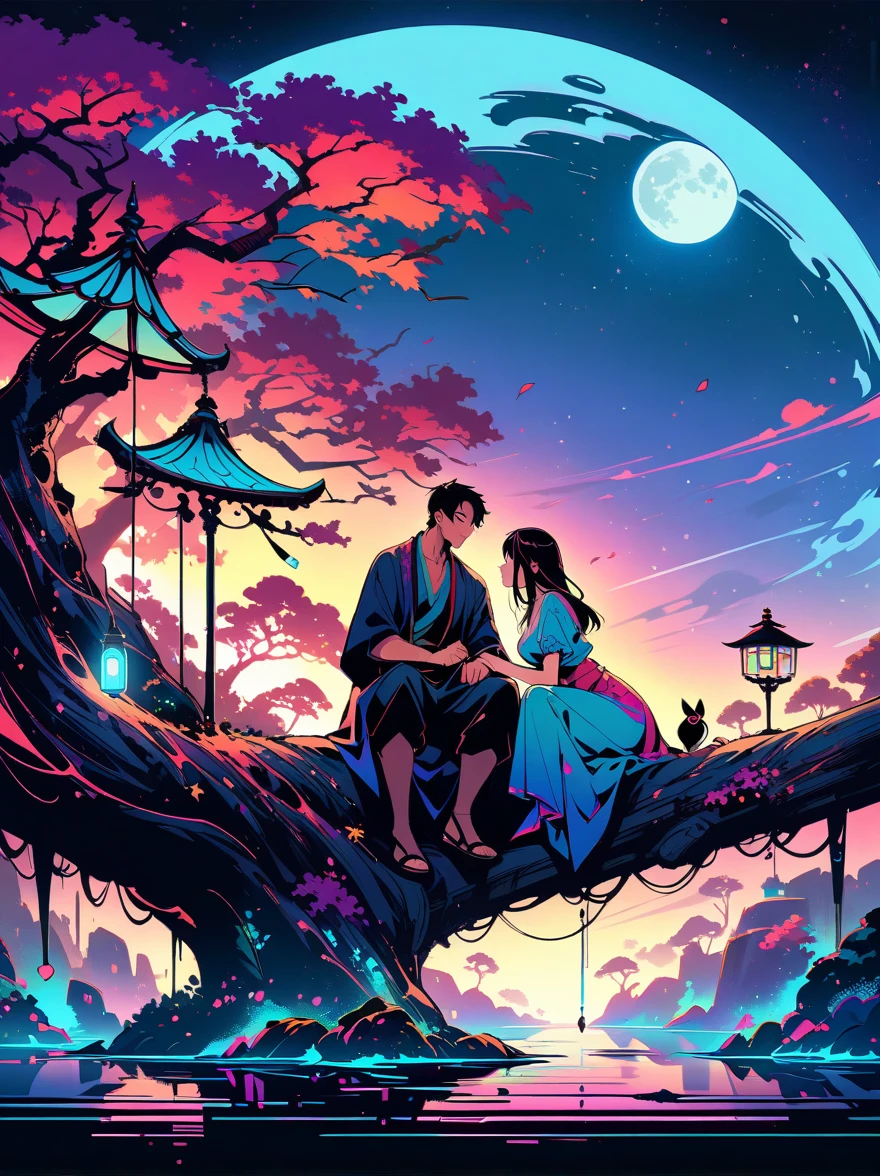 yinji，Romantic ancient style，night，Backlight，A man and a woman sitting on a tree branch，There is a full moon behind，Fresh colors，Soft colors，Diode lamp，Concept art style，Extremely complex details，Clear distinction between light and dark，Structured，Ultra HD, 1yj1