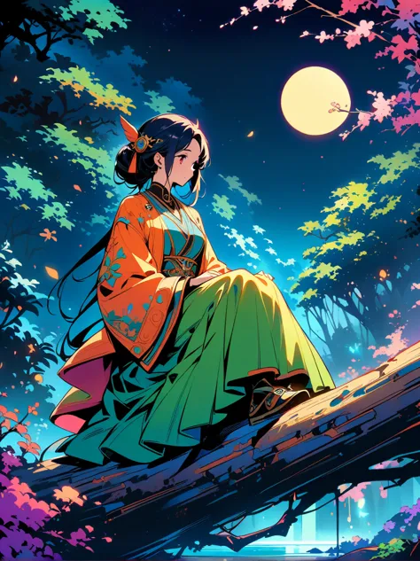 yinji，Romantic ancient style，night，Backlight，A man and a woman sitting on a tree branch，There is a full moon behind，Fresh colors...