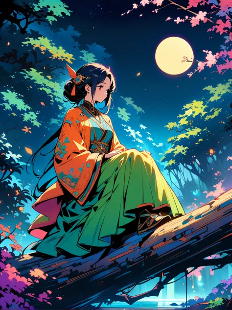 yinji，romantic ancient style，night，backlight，a man and a woman sitting on a tree branch，there is a full moon behind，fresh colors...