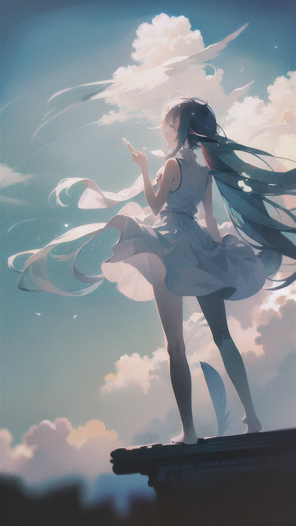 masterpiece, best quality, absurdres, illustration, watercolor, 1girl, solo, long hair, black hair, dress, skirt hold, wading, sleeveless, barefoot, bare shoulders, standing, from behind, outdoors, cloud, sky, bird, water, rainbow, background, light and shadow, lighting,