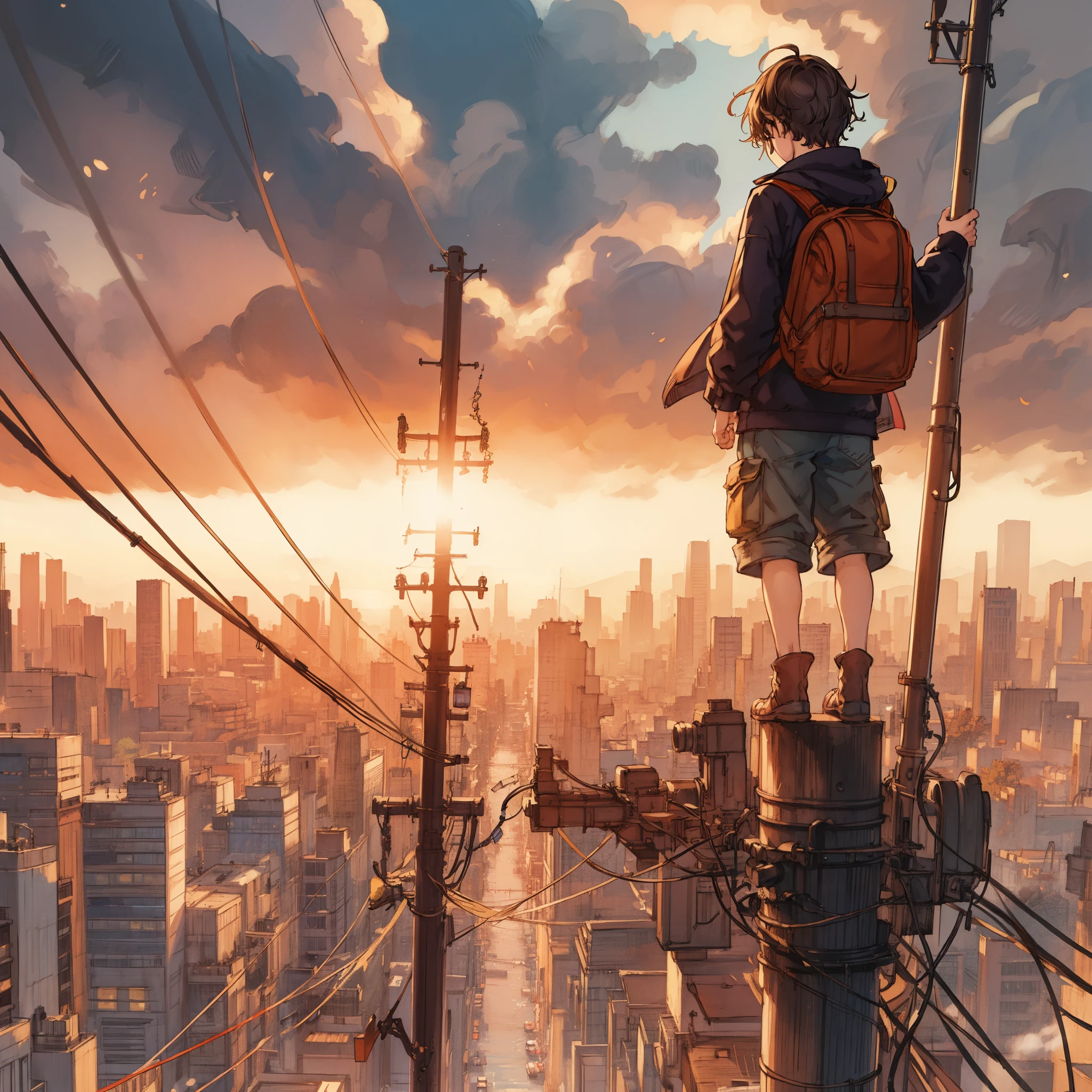 (masterpiece, best quality:1.2), (illustration, lwsh), (depth of field, perspective), (1boy, solo), from behind, backpack, standing on top of the telephone pole, looking down on the city, twilight