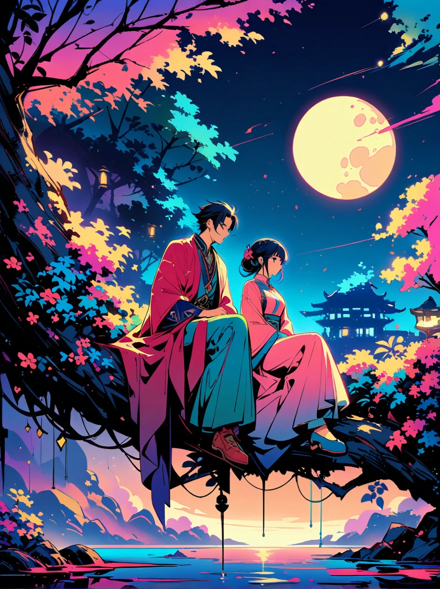 yinji，浪漫古风，夜晚，背光，一个男人和一个女人坐在树枝上，背后有一轮满月，清新色彩，柔和的色彩，二极管灯，概念艺术风格，极其复杂的细节，明暗区分明显，结构化的，超高清, 1yj1