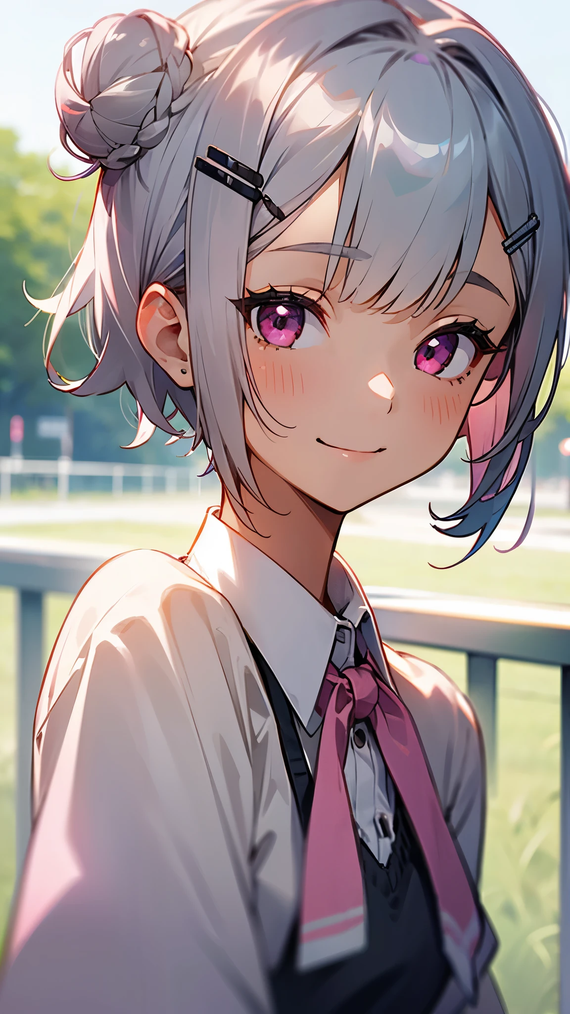 １girl、Short silver bob hair tied in a bun with a hair clip, Pink Eyes、smile、really like、Upper body close-up、Morning Cafe Terrace、Background blur, Written boundary depth