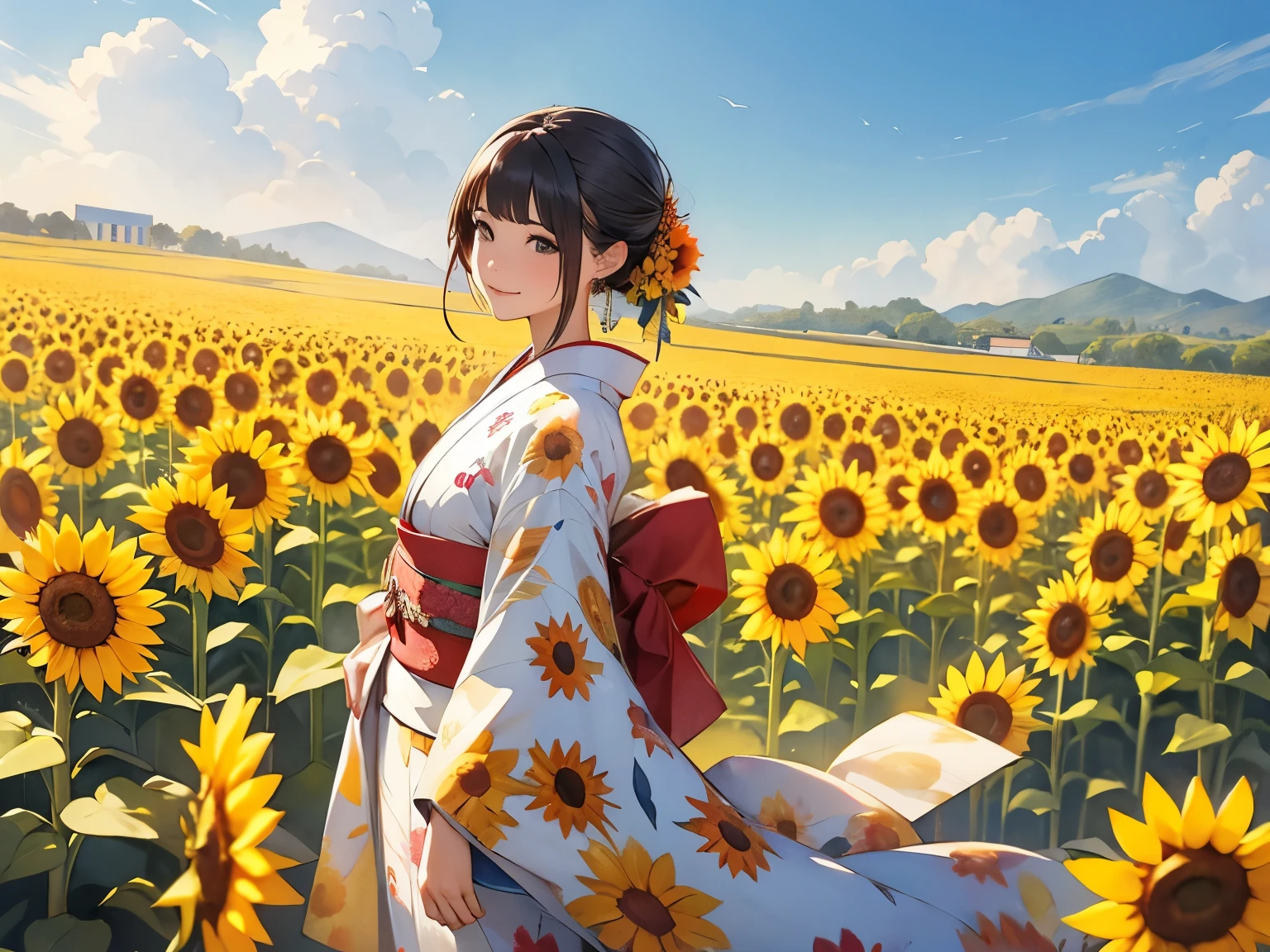 On stage、Surrounded by sunflower fields,A woman wearing a kimono, Watercolor,