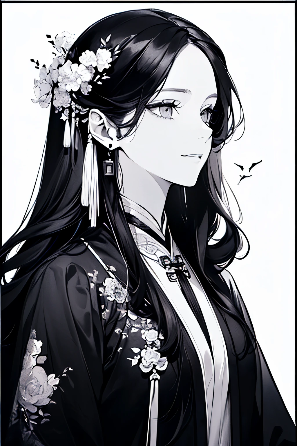 (Middle-aged adult woman:1.45)、(masterpiece、highest quality、highest quality、Beautiful and beautiful:1.2)、(Good anatomy:1.5)、(Long wavy hair:1.5)、(black hair:1.4)、(Rich nature background:1.2)、(Hanfu costume:1.35)、Large earrings、((black and white costume:1.1))、(Dark Eyes:1.3)、((Elegant and luxurious atmosphere:1.2))、A gentle smile、Close-up of face、((Monochrome World:1.25))