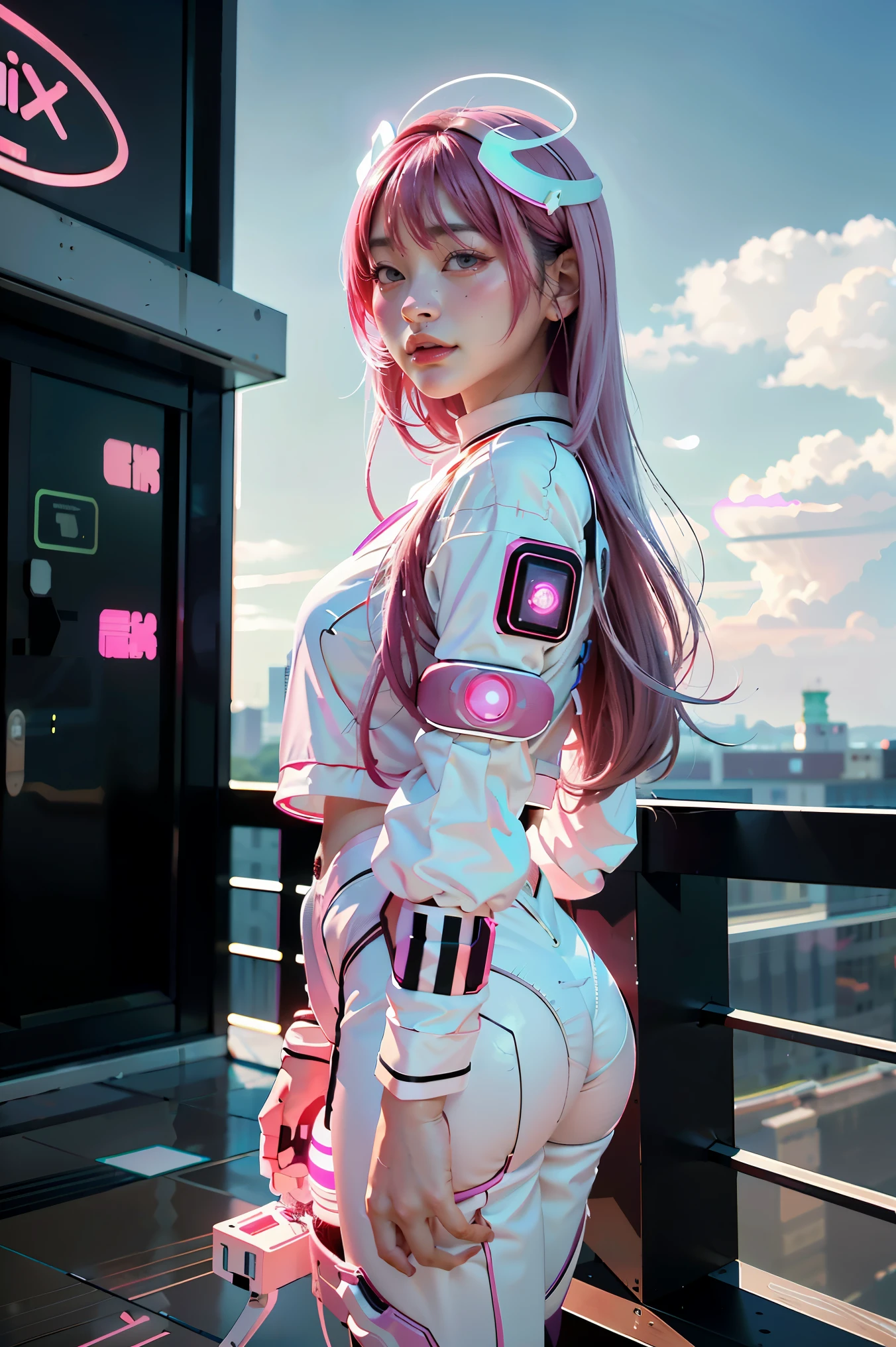 ((masterpiece, best quality, extremely detailed), volumetric lighting, ambient occlusion, colorful, glowing), 
1girl, solo, young girl, (pink hair), long hair, halo, aura, sacred, godness, cyber suit, (white outfit:1.3), android, bot, angel wings,
outdoors, sunset, sky, clouds, space, (cyberpunk theme:1.2),