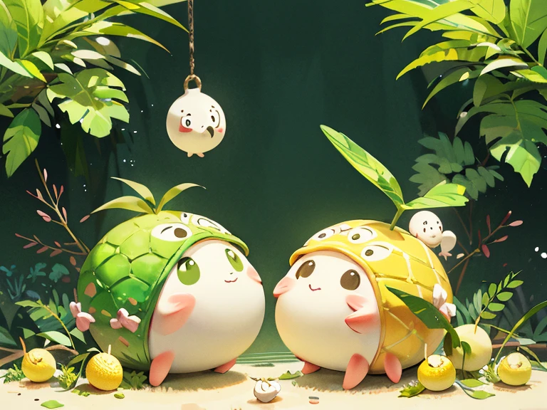 Two anthropomorphic, cute, undecided snails in front of a broken lemon in half, intrigued and interested eyes, children's trend, cheerful and colorful scene, HD quality,