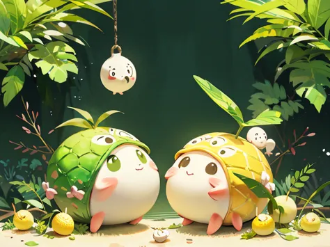 Two anthropomorphic, cute, undecided snails in front of a broken lemon in half, intrigued and interested eyes, children's trend,...