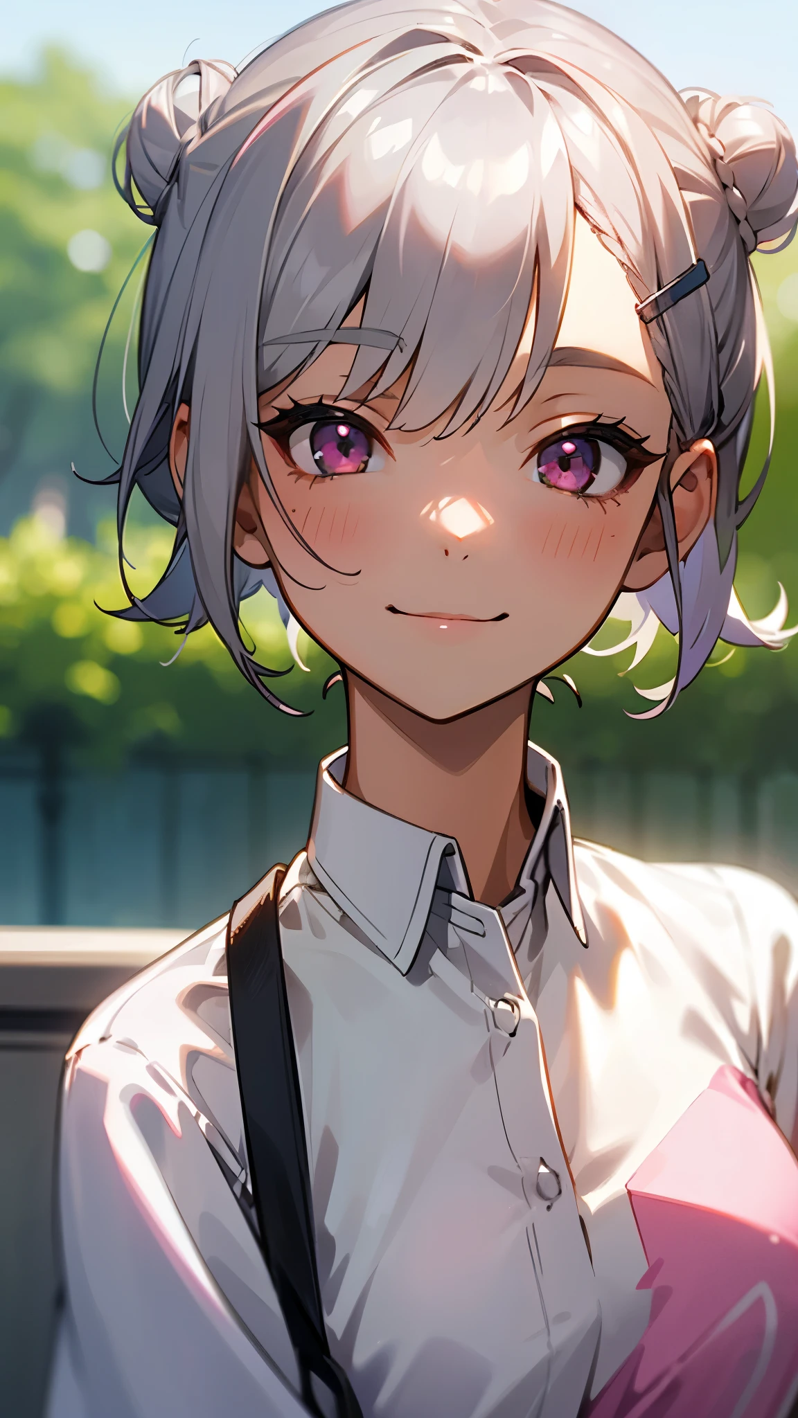 １girl、Short silver bob hair tied in a bun with a hair clip, Pink Eyes、smile、really like、Upper body close-up、Morning Cafe Terrace、Background blur, Written boundary depth