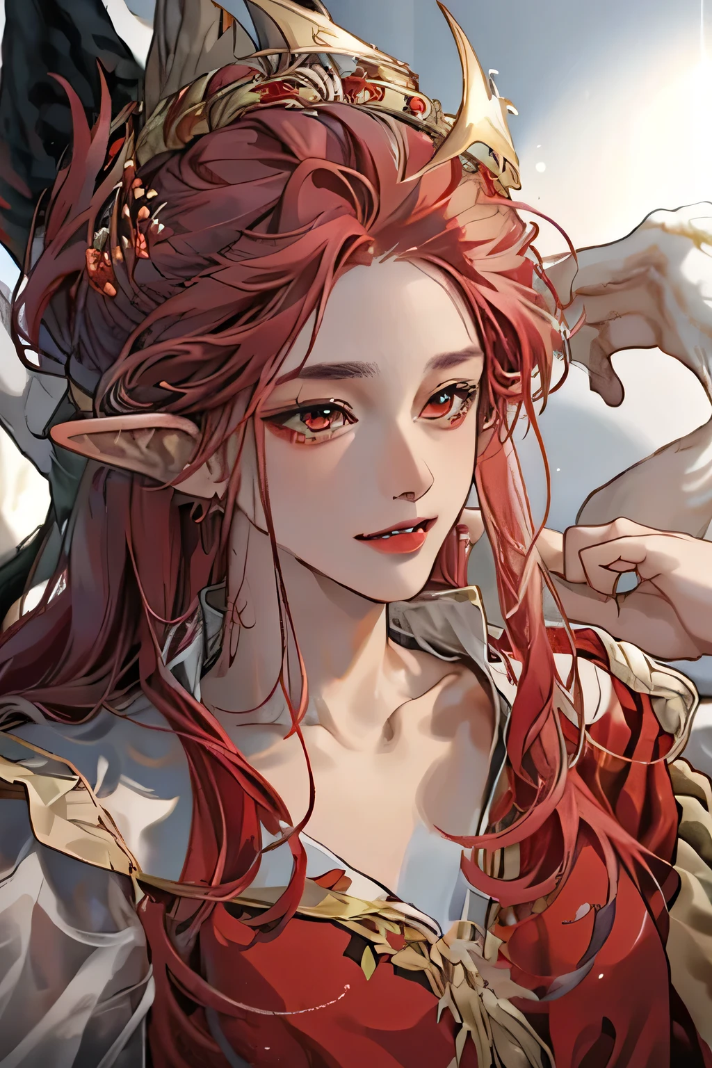 Single male，Handsome，portrait, Occult magic，red maroon hair，long hair curl, straight hair, tan skintone, red eyes, red colors,fantasy robes, flowy，The face is surprised，pointed ears, Clear eyes，fantasy，lush forest background, Rich in color，Bust photo，Close-up shot, nude lips, with fangs