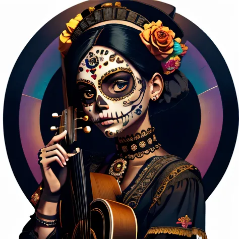 calavera_skull, 1 chica, solo, mirando al espectador, pelo negro, guantes, tenencia, joyas, parte superior del cuerpo, pendiente...