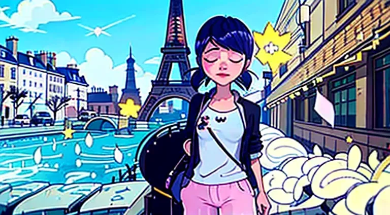 marinette dupain-cheng, white shirt, black jacket, pink pants, 1girl, solo, blue eyes, blue hair, paris, eiffel tower, blue sky,...