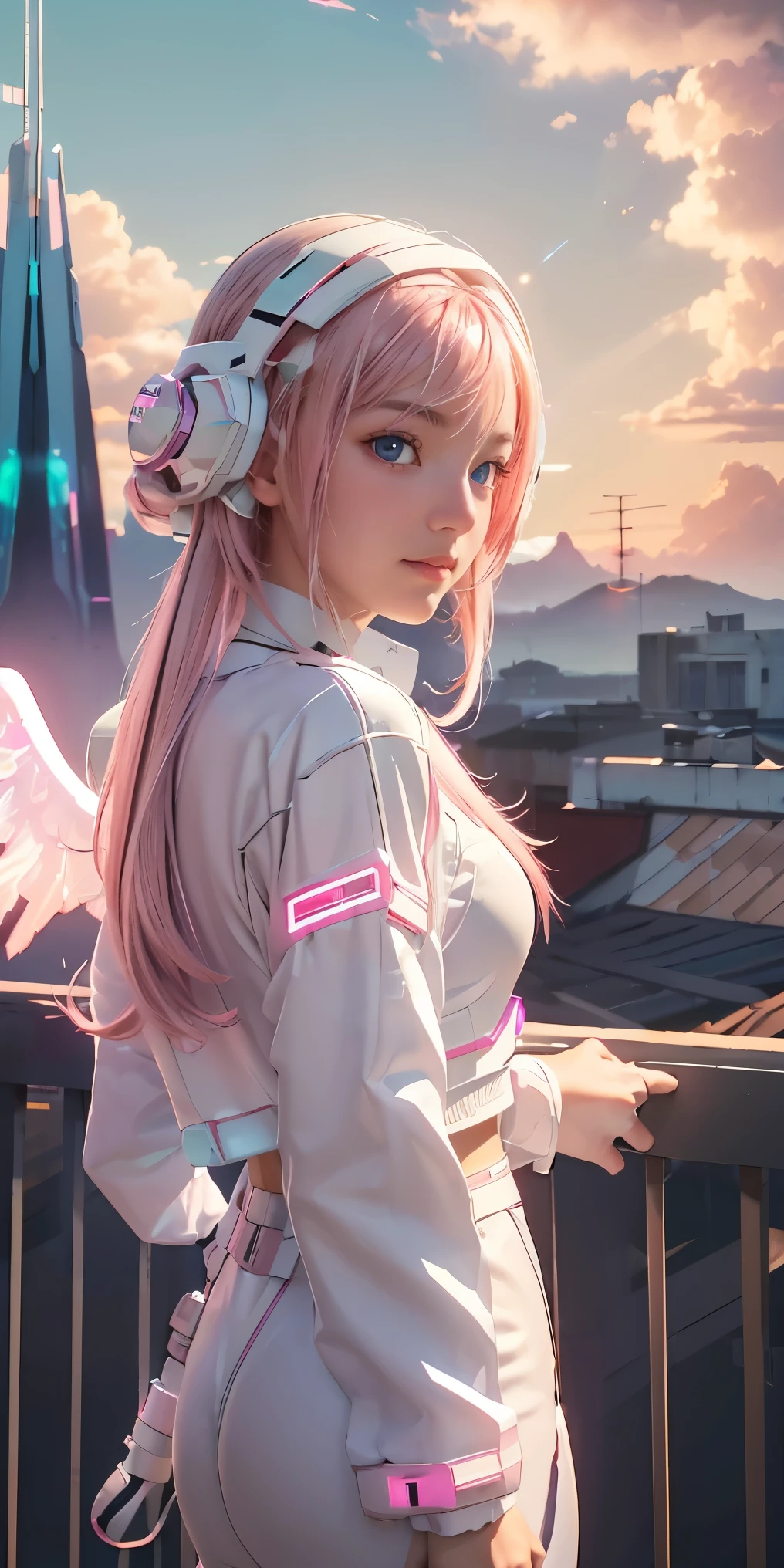 ((masterpiece, best quality, extremely detailed), volumetric lighting, ambient occlusion, colorful, glowing), 
1girl, solo, young girl, (pink hair), long hair, halo, aura, sacred, godness, cyber suit, (white outfit:1.3), android, bot, angel wings,
outdoors, sunset, sky, clouds, space, (cyberpunk theme:1.2),