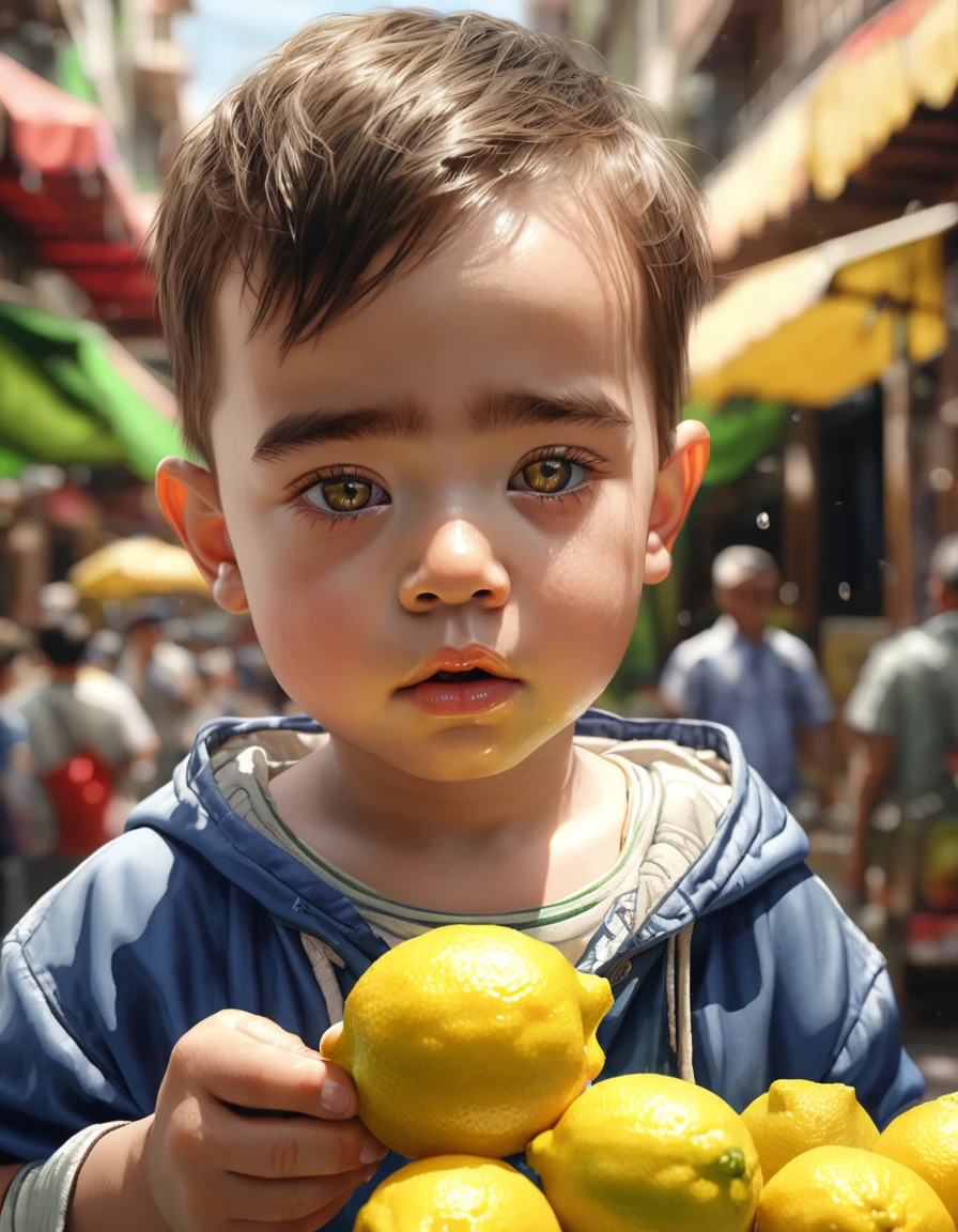 (mejor calidad, 4k, 8K, alta resolución, obra maestra: 1.2), ultradetallada, (realista, fotorrealista, fotorrealista: 1.37), niño comiendo limon, haciendo cara de asco:1.4, Impresionante HD artístico e hiperrealista, imagen de 8k