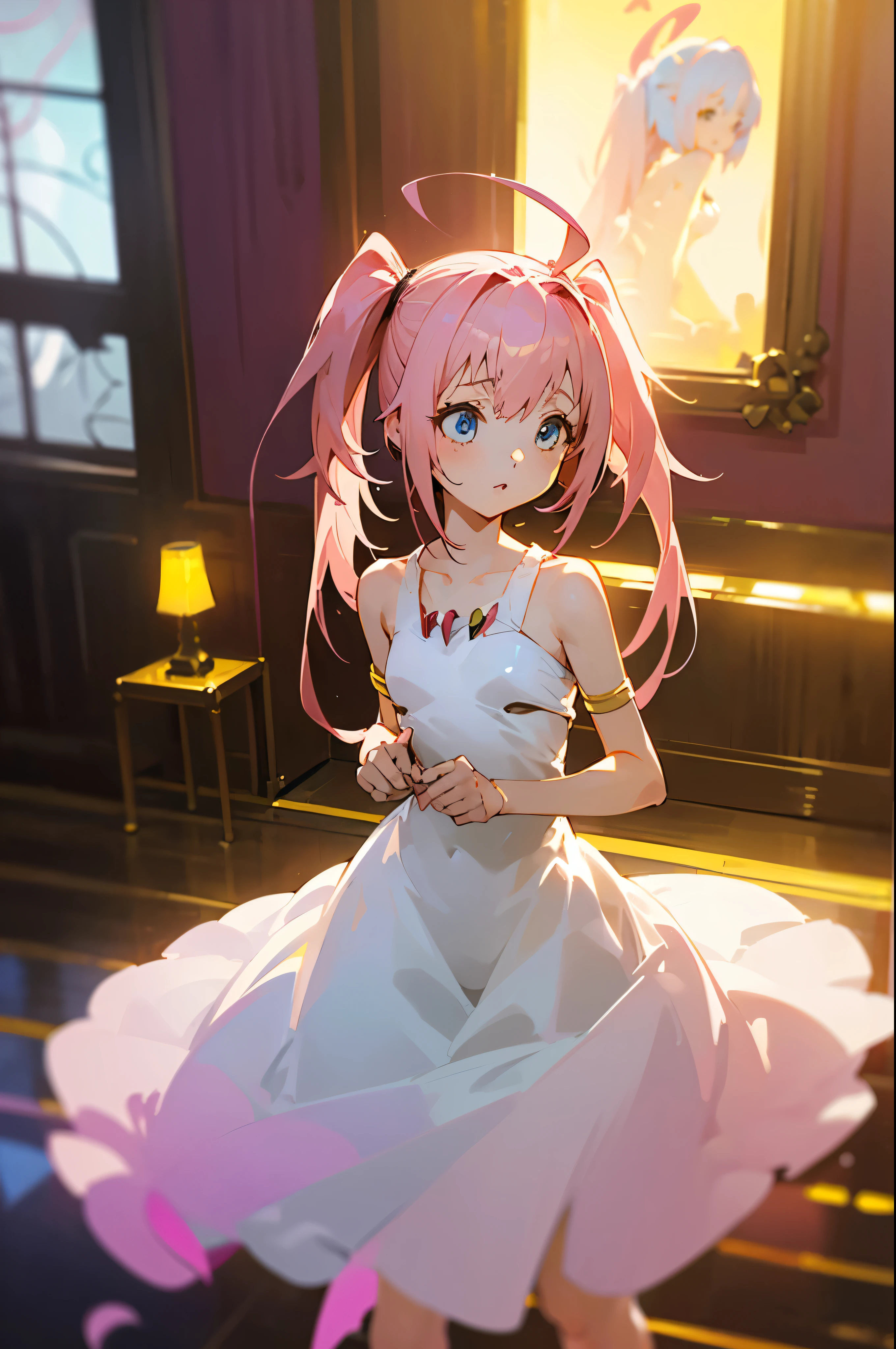 Girl, dress, elegant, little dress, white dress, milim nava, indoors party, nobility, ((yellow lighting)), Realistic lighting, focus on girl, beautiful, milim nava, pink hair, 4k, i don't want you trend, ((very detailed, flat chest, tersenyum lebar, mata tertutup, twin tail,