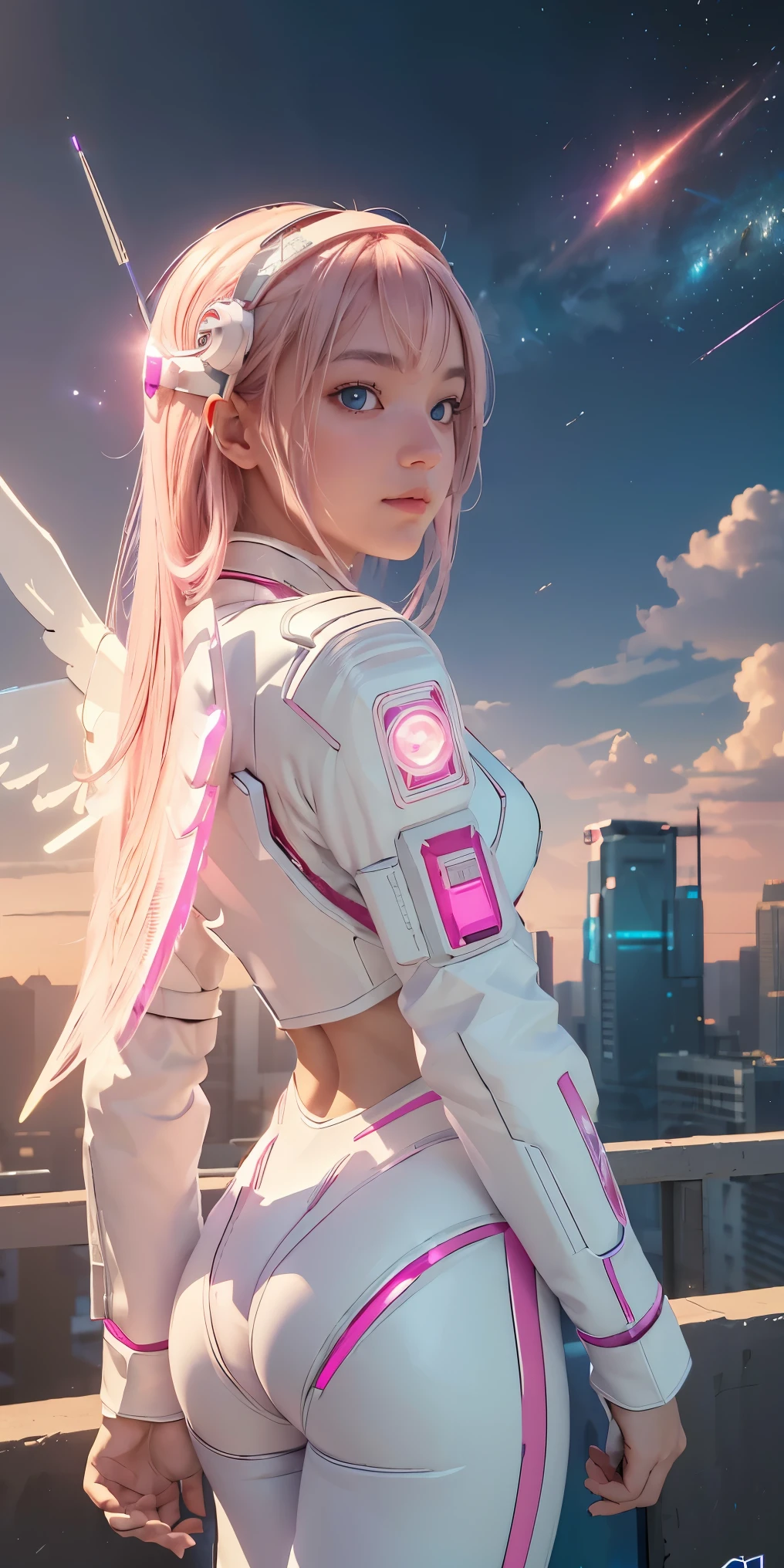 ((masterpiece, best quality, extremely detailed), volumetric lighting, ambient occlusion, colorful, glowing), 
1girl, solo, young girl, (pink hair), long hair, halo, aura, sacred, godness, cyber suit, (white outfit:1.3), android, bot, angel wings,
outdoors, sunset, sky, clouds, space, (cyberpunk theme:1.2),