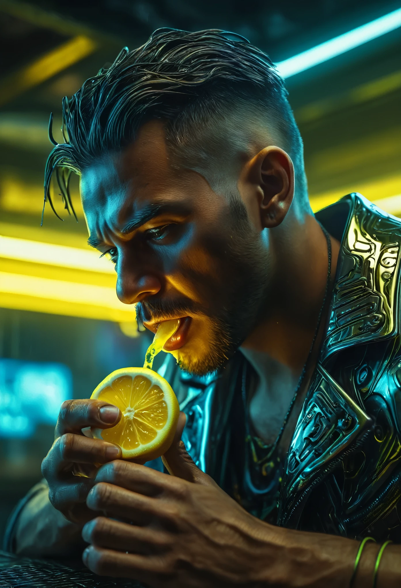Um homem comendo um limão, Estilo ciberpunk, metal líquido, fotorrealista, Retrato, Ultra-detalhado, 8K, obra de arte, iluminação dramática, cinematic, temperamental, foco nitído, HDR, luzes de neon, futurista, detalhes intrincados