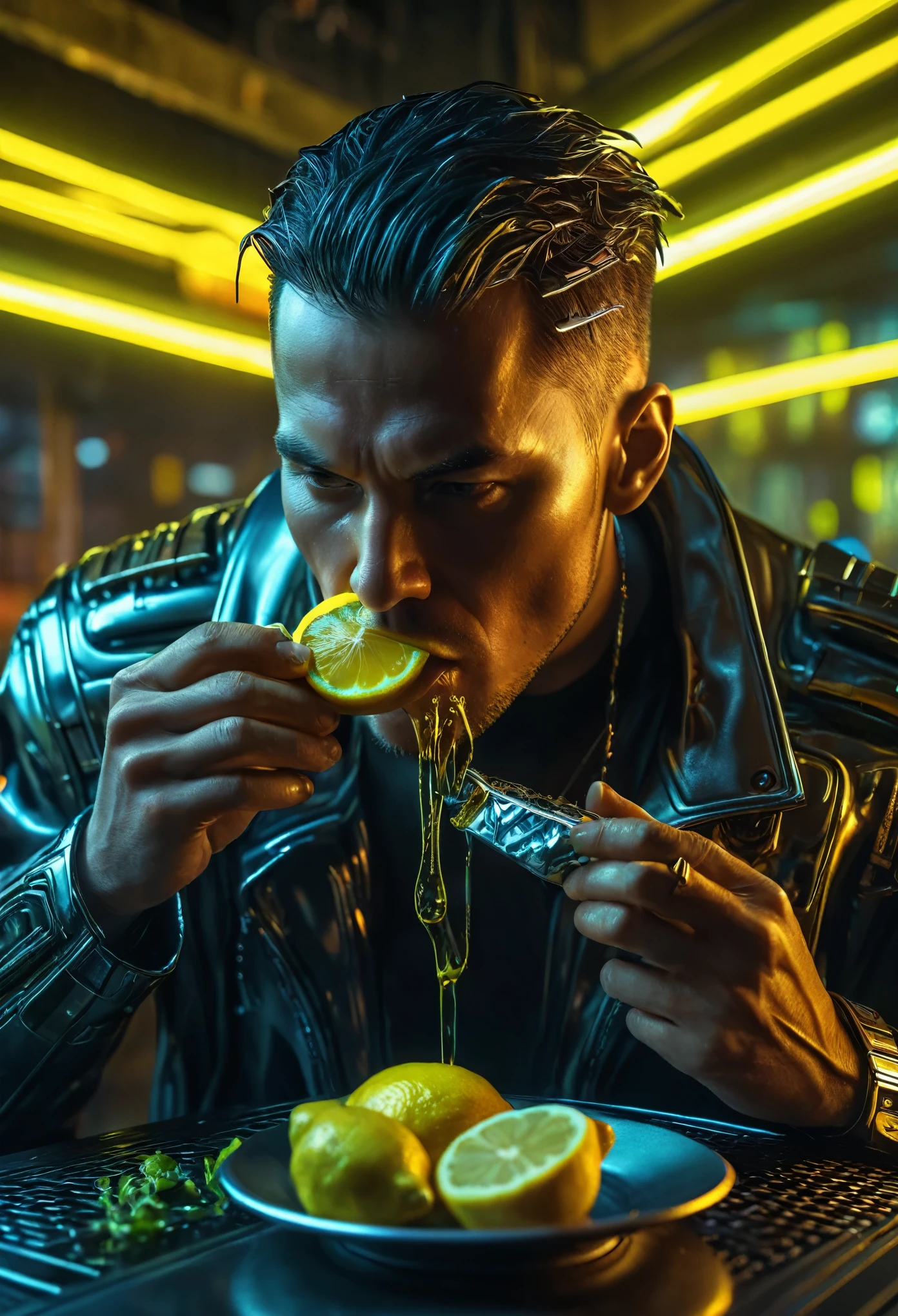 Un hombre comiendo un limón, estilo ciberpunk, liquid metal, Fotorrealista, Retrato, ultra detallado, 8K, obra maestra, iluminación dramática, cinematográfico, malhumorado, enfoque nítido, hdr, Luces de neón, futuristic, detalles intrincados