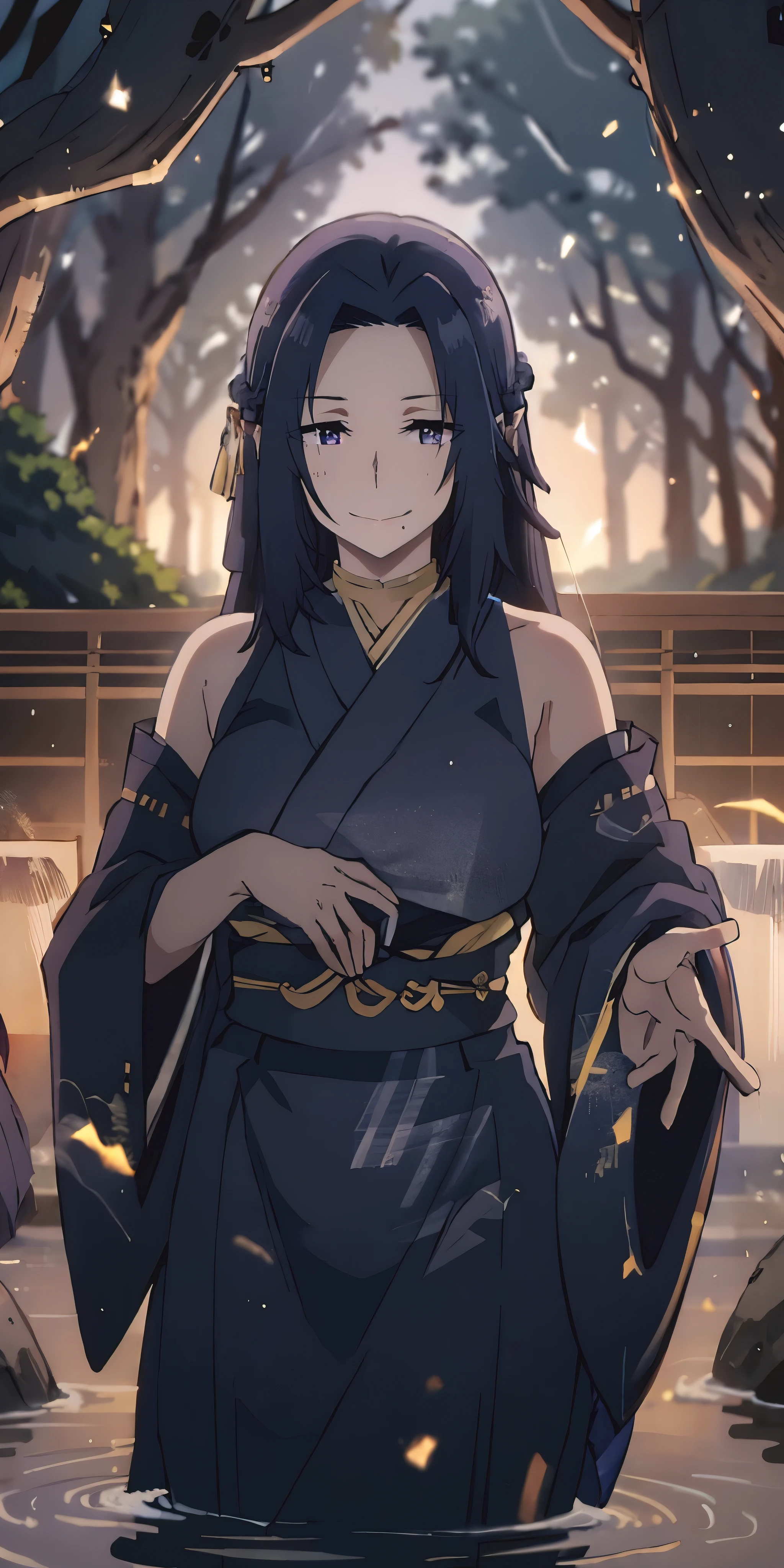 long hair, purple eyes, pointy ears, japanese_clothes, solo, nature,  bangs,  outdoors, standing, forest, looking_at_viewer, water, blurry, male_focus, tree, wide_sleeves, hakama, blurry_foreground, water_drop, kimono, rock, long_sleeves, depth_of_field, black_hair,
