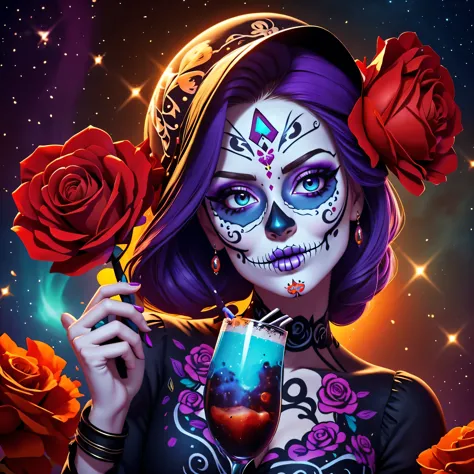 a wlop style oil painting of a woman with sugar skull paint and holding cocktail, in the style of a realistic fantasy artwork, d...