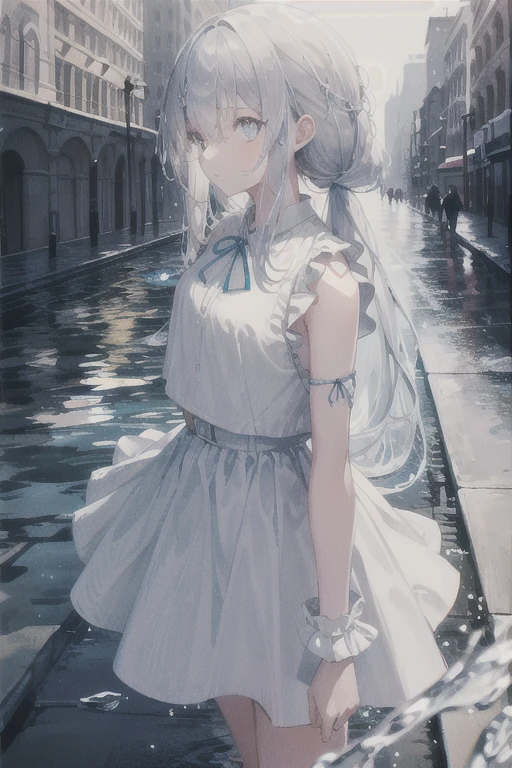 (background), masterpiece, highest quality,figure, wallpaper, Super detailed, Absurd, One girl, alone, (Liquid Hair:1.2), Beautiful fine details,
bangs, Cowboy Shot, Long Hair, Magical girl, Gray Hair, Wave,  water,  water drop, Look to the side, water遊び, 
(street:1.5),  sun, Cloudy,