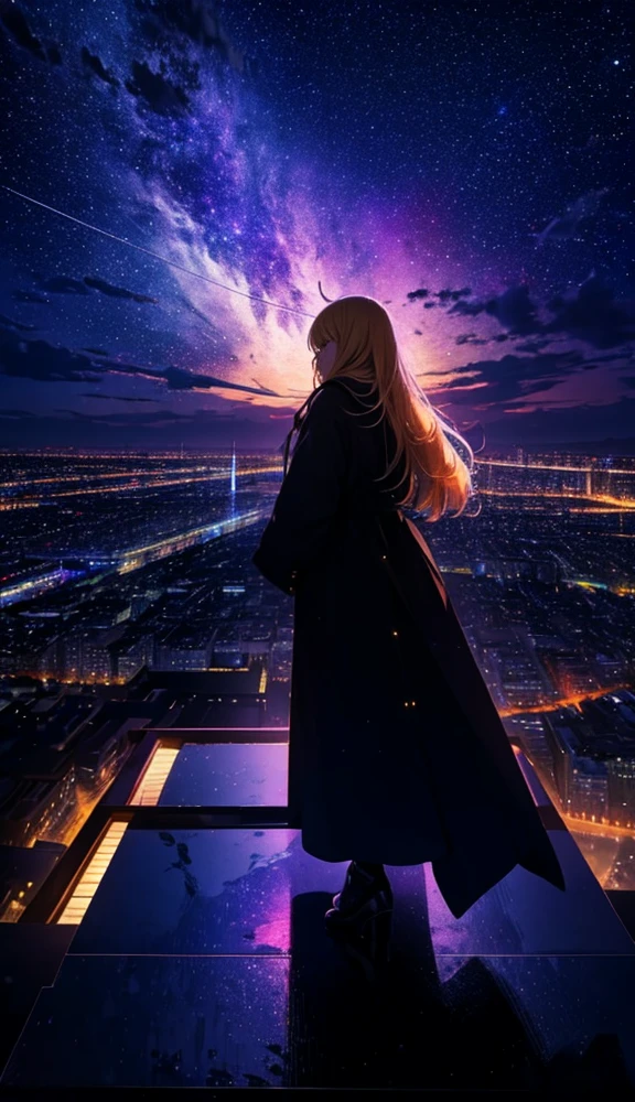 １people々々々々々々々々々々,Blonde long-haired woman，Long coat， Dress Silhouette， Rear View，Space Sky, comet, Anime Style, City night view from the rooftop，Countless crosses of light in the city，