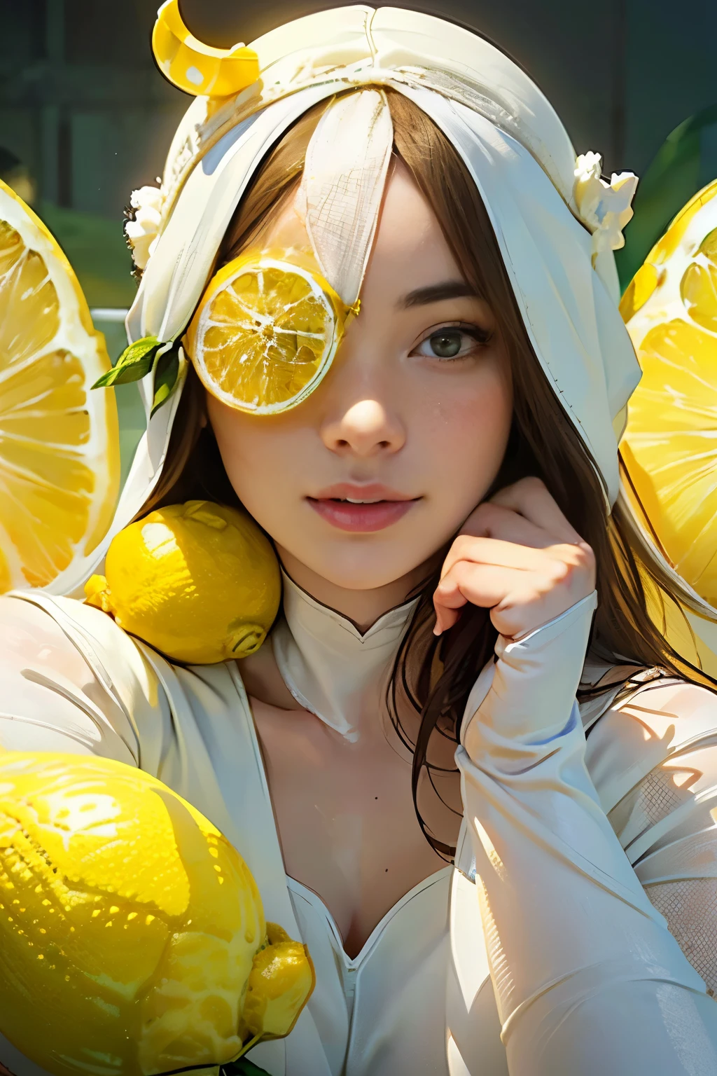 若くて驚くほど美しい女性、ミディアムフル　肖像画、(白いタイツを履いている:1.5)、(大きなレモンのヘッドピースを通して彼の顔が見える.:1.75)、レモンを食べている
