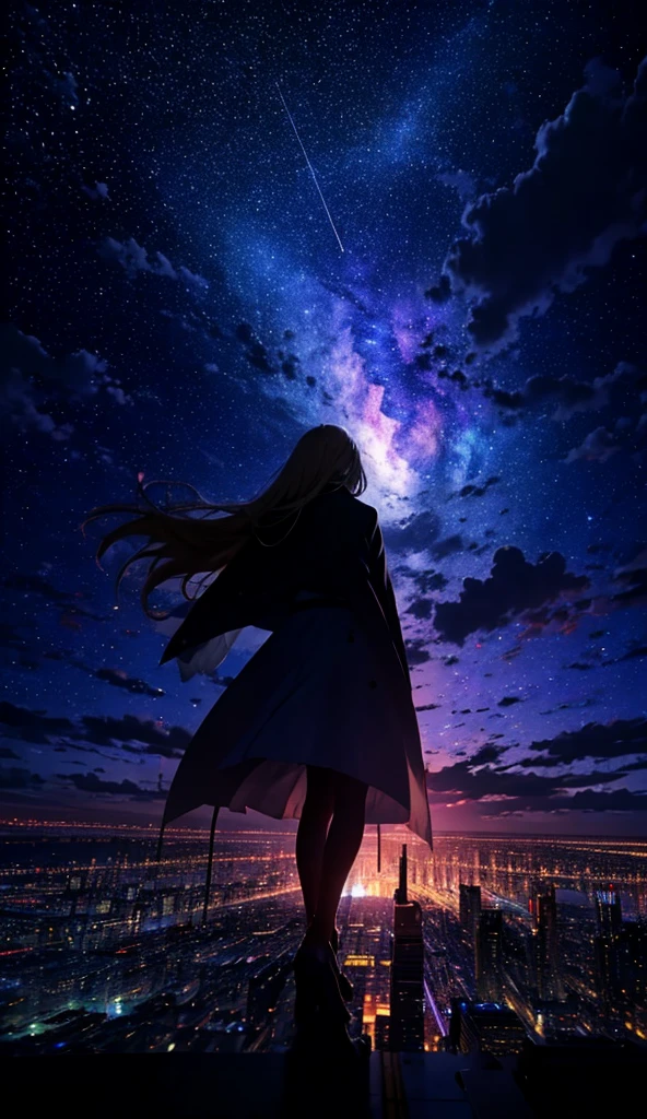 １people々々々々々々,Blonde long-haired woman，Long coat， Dress Silhouette， Rear View，Space Sky, comet, Anime Style, Dancing Petals，Night view of the city from the mountainside，
