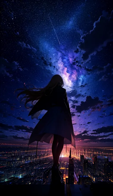 １people々々々々々々,Blonde long-haired woman，Long coat， Dress Silhouette， Rear View，Space Sky, comet, Anime Style, Dancing Petals，Nigh...